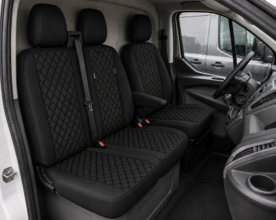 Set huse scaune 2+1 pentru FORD TRANSIT CUSTOM 2009+ – Piele ecologica, Negru cu cusaturi negre, 8 piese