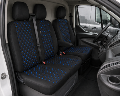 Set huse scaune 2+1 pentru FORD TRANSIT CUSTOM 2009+ – Piele ecologica, Negru cu cusaturi gri, 8 piese