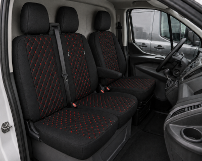 Set huse scaune 2+1 pentru FORD TRANSIT CUSTOM 2009+ – Material textil, Negru cu cusaturi rosii, 8 piese