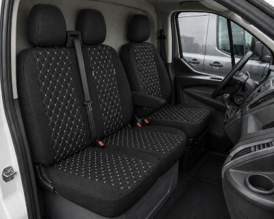Set huse scaune 2+1 pentru FORD TRANSIT CUSTOM 2009+ – Material textil, Negru cu cusaturi albe, 8 piese