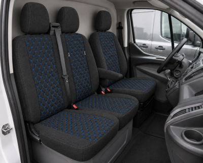 Set huse scaune 2+1 pentru FORD TRANSIT CUSTOM 2009+ – Material textil, Negru cu cusaturi albastre, 8 piese