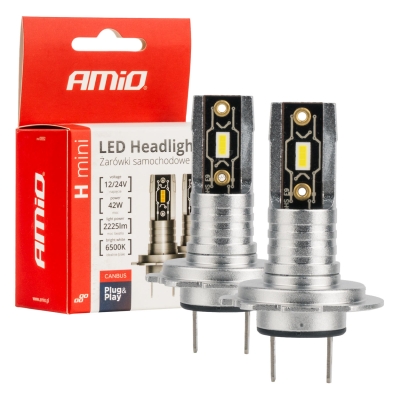 Set 2 Becuri LED AMiO H-Mini H7/H18, 42W, 2225 lm, 6500K Lumina Alba Rece, CSP LED, CANBUS, 12V/24V, Plug & Play, E9, R10