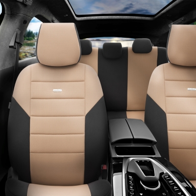 Set Huse Scaune Auto SelectedFit One Design by Otom textil – Negru si bej, pentru scaune fata si spate