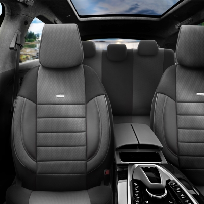 Set Huse Scaune Auto SelectedFit Pro Design by Otom textil cu piele ecologica – Neagra si gri, pentru scaune fata si spate