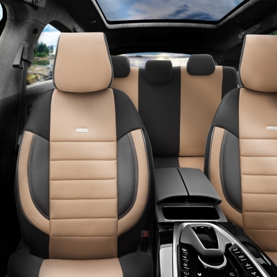 Set Huse Scaune Auto SelectedFit Pro Design by Otom textil cu piele ecologica – Negru si bej, pentru scaune fata si spate