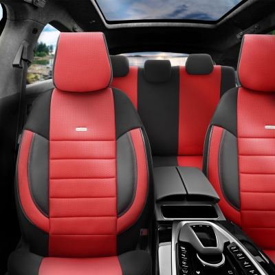Set Huse Scaune Auto SelectedFit Pro Design by Otom textil cu piele ecologica – Negru si rosu, pentru scaune fata si spate