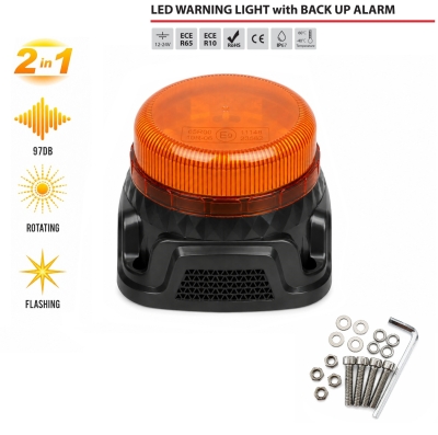 Girofar LED Stroboscopic cu Alarma Sonora 97 dB, Lumina Portocalie, 14.5W, 9 Moduri, E-Mark E9, ECE R65, IP67, 12-24V