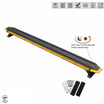 Rampa Girofar LED Stroboscopic Portocalie, 137.5 cm, 14 Moduri de Avertizare, 12/24/48V, 58-83W, ECE R65/R10, E9, IP67, Senzor Zi/Noapte