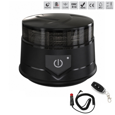 Girofar LED Stroboscopic Portocaliu Fumuriu, cu Baterie Li-Ion si Telecomanda, 36 LED, 19W, 12-24V, 7 Moduri, Magnetic cu Ventuza, E9, ECE R10, IP67