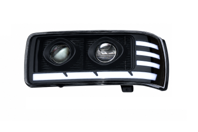 Far LED stanga cu 2 lupe pentru DAF XF105 / Space Cab / Super Space Cab, 24V, DRL Alb-Portocaliu, Startup Effect