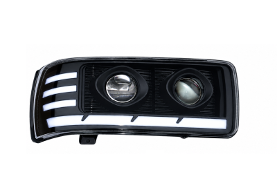 Far LED dreapta cu 2 lupe pentru DAF XF105 / Space Cab / Super Space Cab, 24V, DRL Alb-Portocaliu, Startup Effect