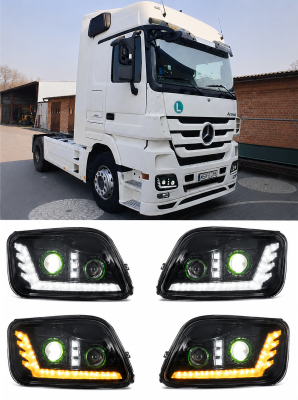 Set 2 Faruri LED Stanga + Dreapta cu 2 Lupe pentru Mercedes-Benz Actros MP3 / MegaSpace 2008-2011, 24V, DRL Alb-Portocaliu, Startup Effect, OEM 9438201661, A9438201661, 9438201761, A9438201761
