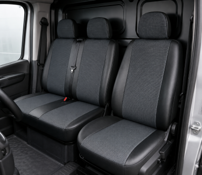 Set 2+1 Huse Scaune Fata Auto Van Bus Textil Si Piele Ecologica Negru Lux Pentru Transit, Sprinter, Movano, Master, Crafter, Transporter, LT, Boxer, Jumper