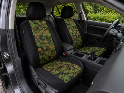 1+1 Huse universale pentru scaunele din fata – tapiterie textila pentru autoturism, microbuz si SUV – culoare camuflaj negru-verde