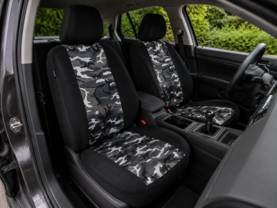1+1 Huse universale pentru scaunele din fata – tapiterie textila pentru autoturism, microbuz si SUV – culoare camuflaj negru-gri