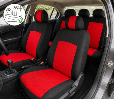 Set Huse Scaune Auto Universale, Pentru Scaune Fata si Spate, Bancheta Divizibila cu Fermoare, Textil, Rosu-Negru, 9 Piese