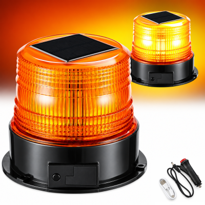 LED Girofar Stroboscopic Solar Portocaliu 18 LED, 4 Moduri, 12V, Acumulator, Prindere Magnetica