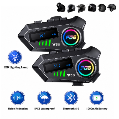 Set 2 Intercomuri Moto pentru Casca Bluetooth 6.0, CVC + DSP, Display LED, IPX6, Baterie 1000 mAh