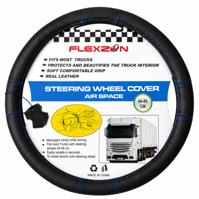 Husa volan pentru camion din piele naturala, 44-46 cm, Negru cu cusaturi albastre
