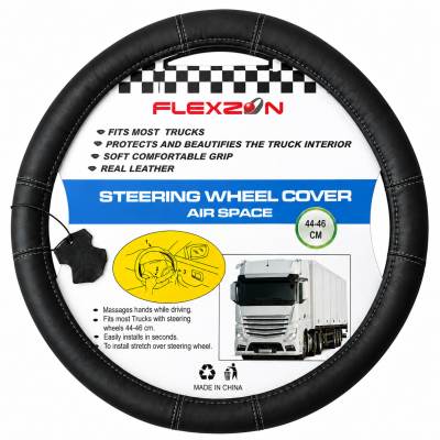 Husa volan pentru camion din piele naturala, 44-46 cm, Negru cu cusaturi gri