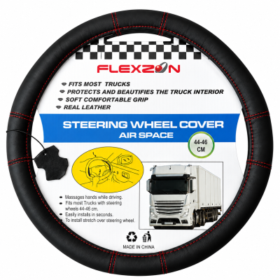 Husa volan pentru camion din piele naturala, 44-46 cm, Negru cu cusaturi rosii