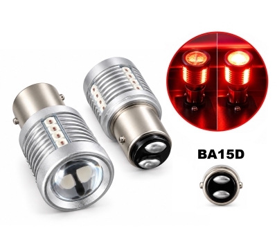 Set 2 Becuri LED Auto BA15D pentru Stop, 20 SMD, 12-24V, Lumina Rosie, 2 Intensitati, cu Lupa, Blister