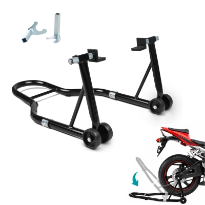 Stander Moto Spate pentru Motocicleta, Suport Ridicare si Mentenanta, Reglabil 240-370 mm, Capacitate 450 kg, Adaptoare L si U, Roti 72 mm, Otel, Negru
