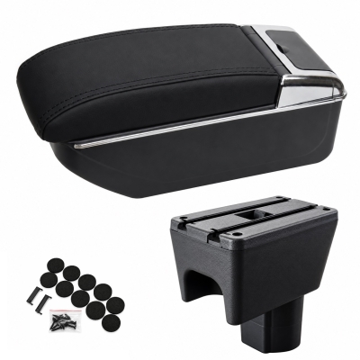 Cotiera auto pentru Dacia Duster 2010-2017, 2 compartimente, culisanta, suport pahar, scrumiera, Piele ecologica, Negru/Crom
