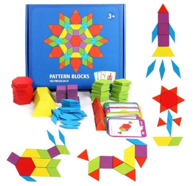 Joc educativ, tangram din lemn, joc asiatic cu 155 piese geometrice multicolore