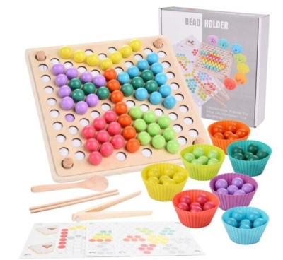 Joc educativ Montessori 2 in 1 de memorie si motricitate fina, sortare, mozaic cu bile din lemn, cleste, lingura, chopsticks, Sortare Asociere bile din lemn