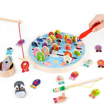 Joc educativ din lemn Penguin Magnetic Fishing Game cu Alfabet si Numere, 3 Ani +
