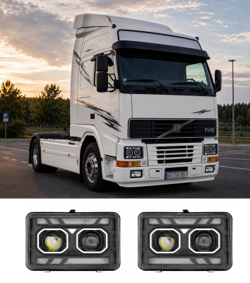 Set faruri LED stanga + dreapta cu lupe pentru Volvo FH12 / FM10 / FM12 / FH16 (Generatia 1) 24V, DRL Alb + Portocaliu, Startup Effect