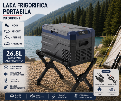 Set Camping Flexzon - Lada Frigorifica Portabila SMART 26.8L + Suport Pliabil Reglabil din Aluminiu 60kg