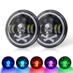 Set de 2 bucăți Far universal cu LED de 7" inch 18 cm, 12V-24V, cu fază scurtă/lungă, lumini de zi DRL, semnalizare alb-galben cu iluminare de fundal RGB în 6 culori diferite, potrivit pentru ATV, jeep, motocicletă, camion, tractor și altele