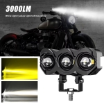 3 LED Halogen cu Lumină Spot, 3000LM, 9-60V, Rezistent la Apă IP68, Lumină Galbenă (Faruri scurte) + Lumină Albă (Faruri lungi), Potrivit pentru Motociclete