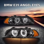 Faruri cu Angel Eyes pentru BMW E39 (1997–2003) Carcasă neagră, lentilă clară, becuri halogen