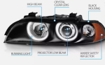 Faruri cu Angel Eyes pentru BMW E39 (1997–2003) Carcasă neagră, lentilă clară, becuri halogen
