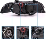 Faruri cu Angel Eyes pentru BMW E39 (1997–2003) Carcasă neagră, lentilă clară, becuri halogen