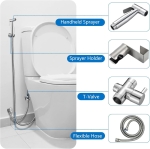 Set dus pentru igiena intima, baterie bideu si WC din otel inoxidabil, Baterie, Adaptor, Furtun si Suport de Prindere pe WC sau Perete cu Presiune Reglabila, Filet 1/2 - Argintiu