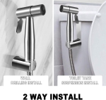 Set dus pentru igiena intima, baterie bideu si WC din otel inoxidabil, Baterie, Adaptor, Furtun si Suport de Prindere pe WC sau Perete cu Presiune Reglabila, Filet 1/2 - Argintiu