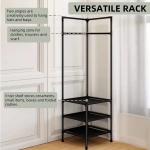 Suport de colt pentru haine 3 rafturi de depozitare si 4 carlige duble 185 x 54 x 20 cm Negru