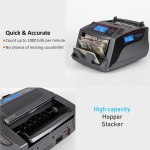 Masina de numarat bani, Detectare bancnote prin UV, MG, Aparat de numarat banii cu display propriu si extern, Display LCD color, 1000 bancnote/min, Husa inclusa, Gri