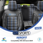 Set tapiterie luxoasa OTOM textil cu piele ecologica GTI SPORTS Design – Neagra cu cusatura albastra, pentru scaune fata si spate