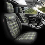 Set tapiterie luxoasa OTOM textil cu piele ecologica GTI SPORTS Design – Neagra cu cusatura verde, pentru scaune fata si spate