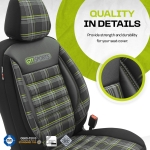 Set tapiterie luxoasa OTOM textil cu piele ecologica GTI SPORTS Design – Neagra cu cusatura verde, pentru scaune fata si spate