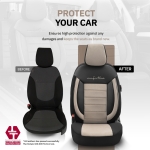 Set tapiterie luxoasa OTOM textil cu piele ecologica COMFORT LINE Design – Bej-Negru cu cusatura bej, pentru scaune fata si spate