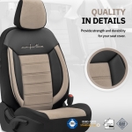 Set tapiterie luxoasa OTOM textil cu piele ecologica COMFORT LINE Design – Bej-Negru cu cusatura bej, pentru scaune fata si spate