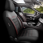 Set tapiterie luxoasa OTOM textil cu piele ecologica COMFORT LINE Design – Neagra cu cusatura rosie, pentru scaune fata si spate