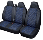 Set 2+1 husa universala pentru scaunele din fata ale unui microbuz, din piele ecologica, cu tetiera integrata – Negru cu cusatura albastra