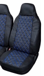 Set 2+1 husa universala pentru scaunele din fata ale unui microbuz, din piele ecologica, cu tetiera integrata – Negru cu cusatura albastra